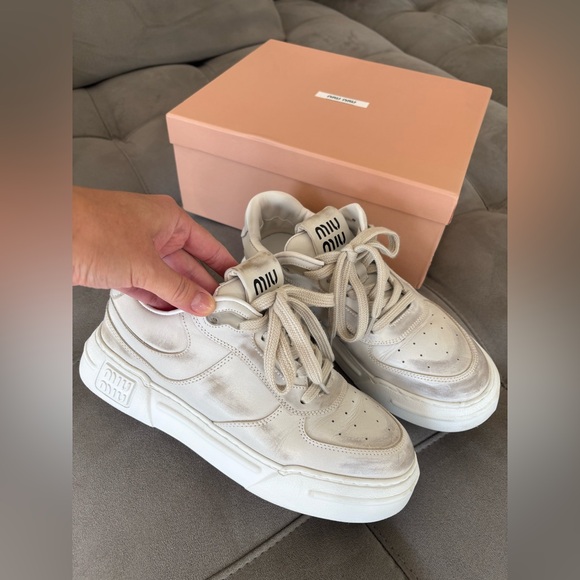 Miu Miu Shoes - MIU MIU White Bleached Leather Sneakers Women’s Low Top Size US 8 EUR 39 Pre-Own